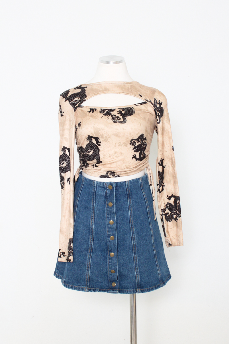 dragon print denim skirt